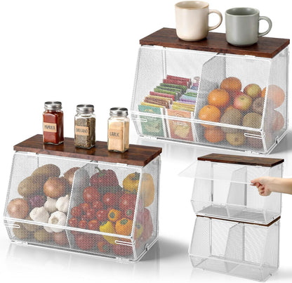 Teenyyou 2 Pcs Stackable Mesh Fruit Basket with Lid Wall Produce Vegetable Storage Basket Onion Potato Hanging Metal Wire Container for Kitchen Counter Pantry(Non-removable,Black,8.3" w & 13.8" l)