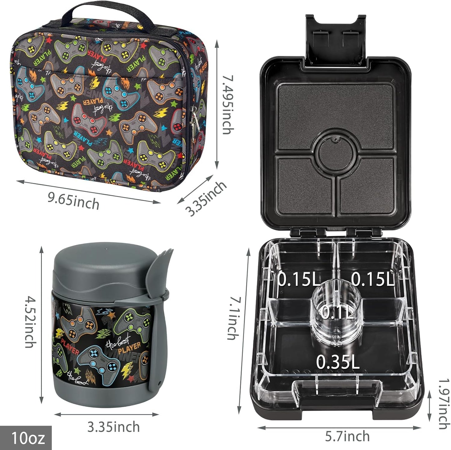 Bento Lunch Box Set for Kids with 10oz Soup Thermo, Leak-Proof Lunch Containers with 4 Compartment, Kids Thermo Hot Food Jar and Insulated Lunch Bag for Kid to School,BPA-Free(Dragon)