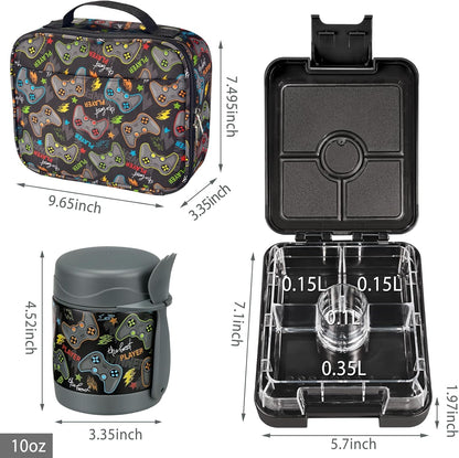 Bento Lunch Box Set for Kids with 10oz Soup Thermo, Leak-Proof Lunch Containers with 4 Compartment, Kids Thermo Hot Food Jar and Insulated Lunch Bag for Kid to School,BPA-Free(Dragon)
