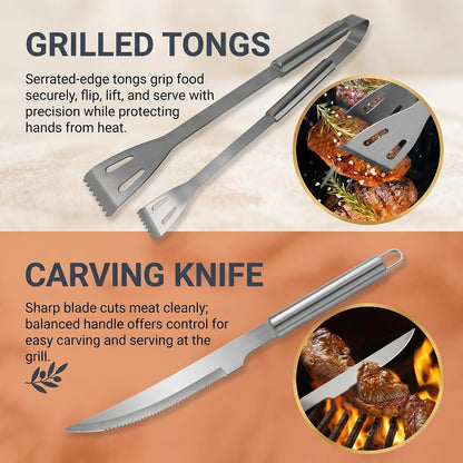 9-Piece Stainless Steel BBQ Tool Set with Carry Bag, Grill Utensils Kit with Spatula, Fork, Tongs, Knife, Skewers, Oil Brush for Outdoor Grill, Camping, Tailgating, Cookouts, BBQ Gifts