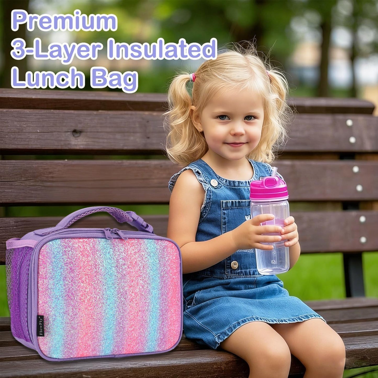 FlowFly Kids Lunch box Insulated Soft Bag Mini Cooler Back to School Thermal Meal Tote Kit for Girls, Boys, Black