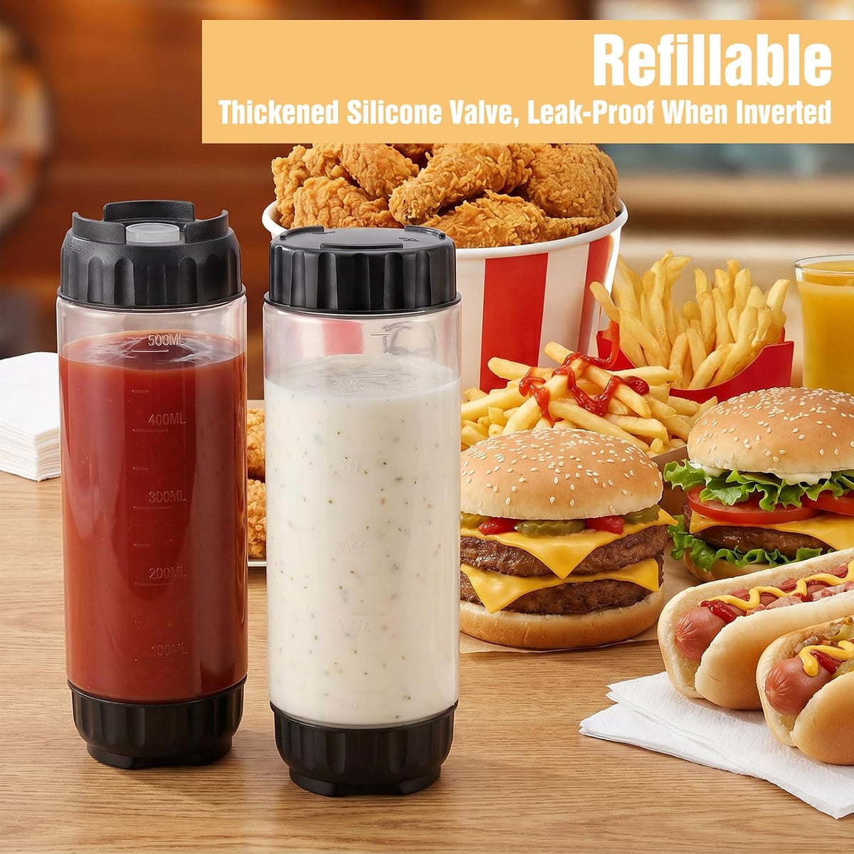 2 Pcs 16 oz Inverted Squeeze Bottles, Valve Condiment Dispenser (Black)