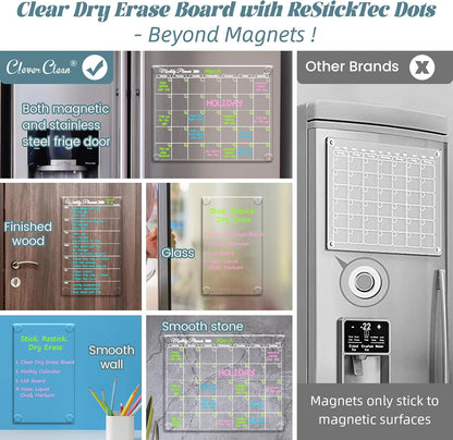 Clear Non-Magnetic Meal Planner Set for Fridge - Dry Erase Transparent Menu and List Board - Sticks to Wall, Glass, Door, Any Smooth Surfaces