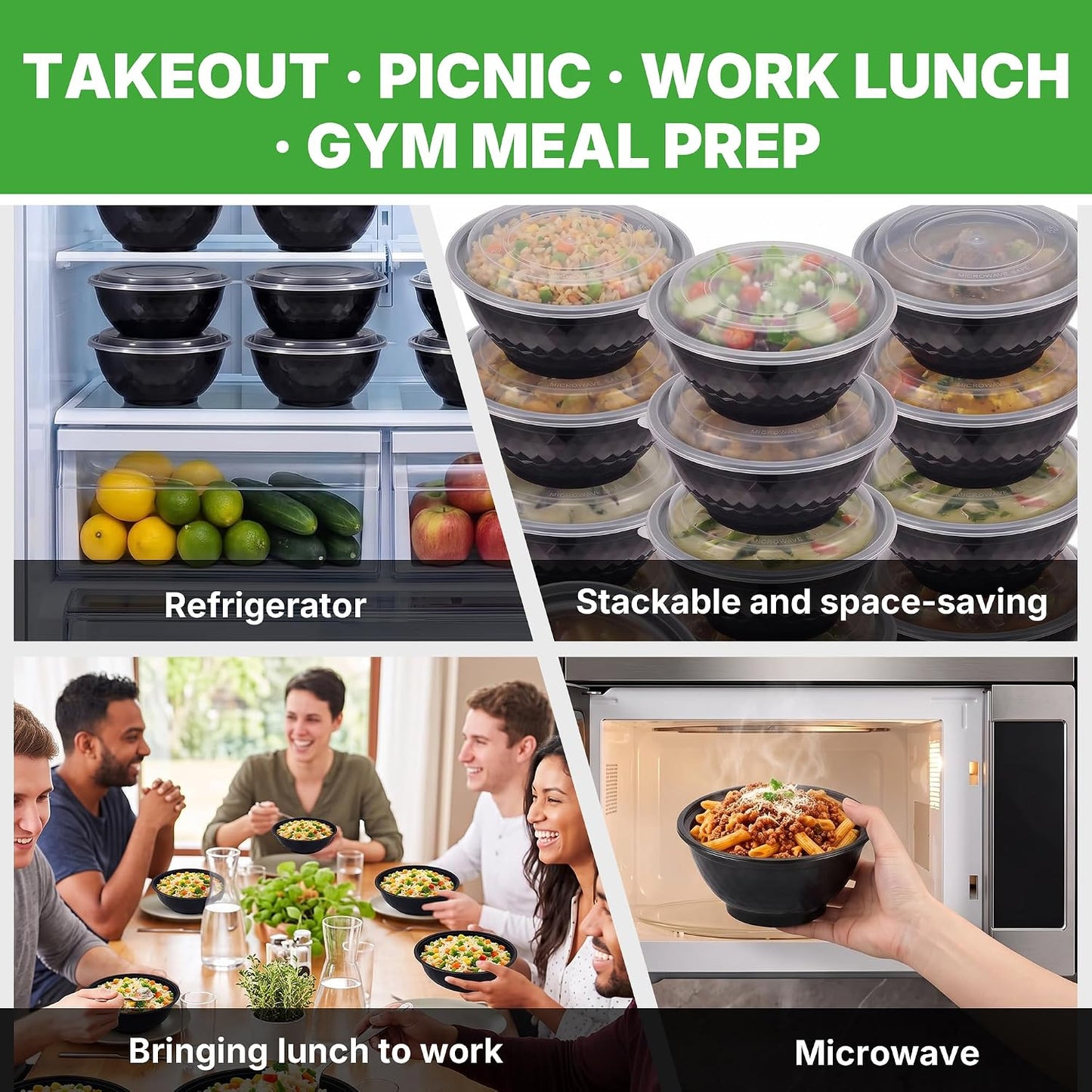 50 Pack (100-Piece) Meal Prep Containers with Lids, Reusable 2-Compartment Food Storage, Sturdy Leakproof, Food Safe, Microwave Freezer Dishwasher Safe, To-Go Takeout Plastic Containers – 60828