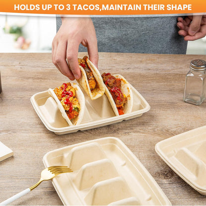 25 PCS Disposable Taco Holders for Party, Bagasse Pulp Fiber Taco Plates with 3 Dividers, Fiesta Taco Tray Holder, Taco Stands for 3 Tacos, Taco Tuesday Lazy Susan Taco Bar Serving Set for Party