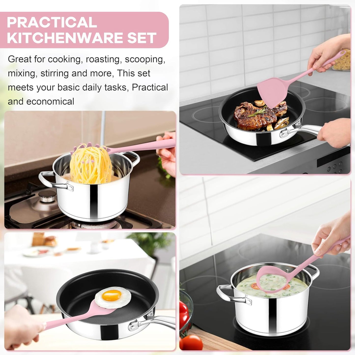 TeamFar Silicone Cooking Utensils Set, 8 PCS Kitchen Utensils Set, 446°F Heat Resistant, Turner, Spatula, Spoon, Whisk, Kitchen Cooking Gadgets Tools for Nonstick Cookware, Dishwasher Safe-Khaki