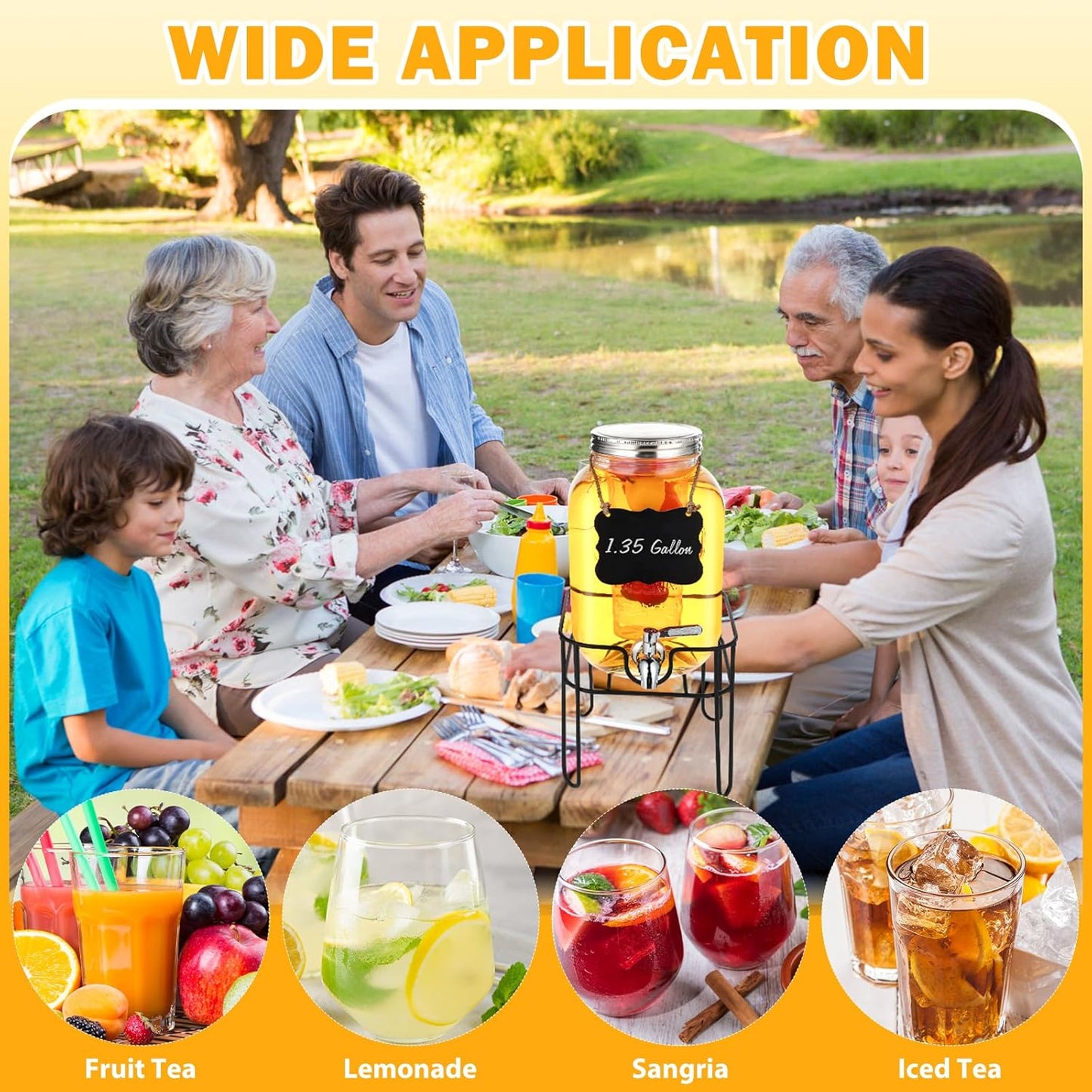 Drink Dispenser 1.35 Gallon Glass Beverage Dispenser with Stand & Stainless Steel Spigot, Drink Dispensers for Parties with Fruit Infuser for Lemonade, Iced Tea, Juice, Laundry Detergent