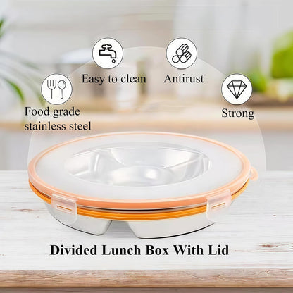 2 Packs Divided Serving Trays with Lid Stainless Steel 6 Compartment 10.43in 60.87OZ Snack & Veggie Tray with Plastic Lid Stainless Steel Snackle Box for Party, Easy to Clean