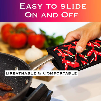 Cast Iron Skillet Pan Pot Holder Covers Mitts Black Non-Slip Washable Sleeves for BBQ Baking Kitchen Cotton Commercial Grade (Chili, 10)
