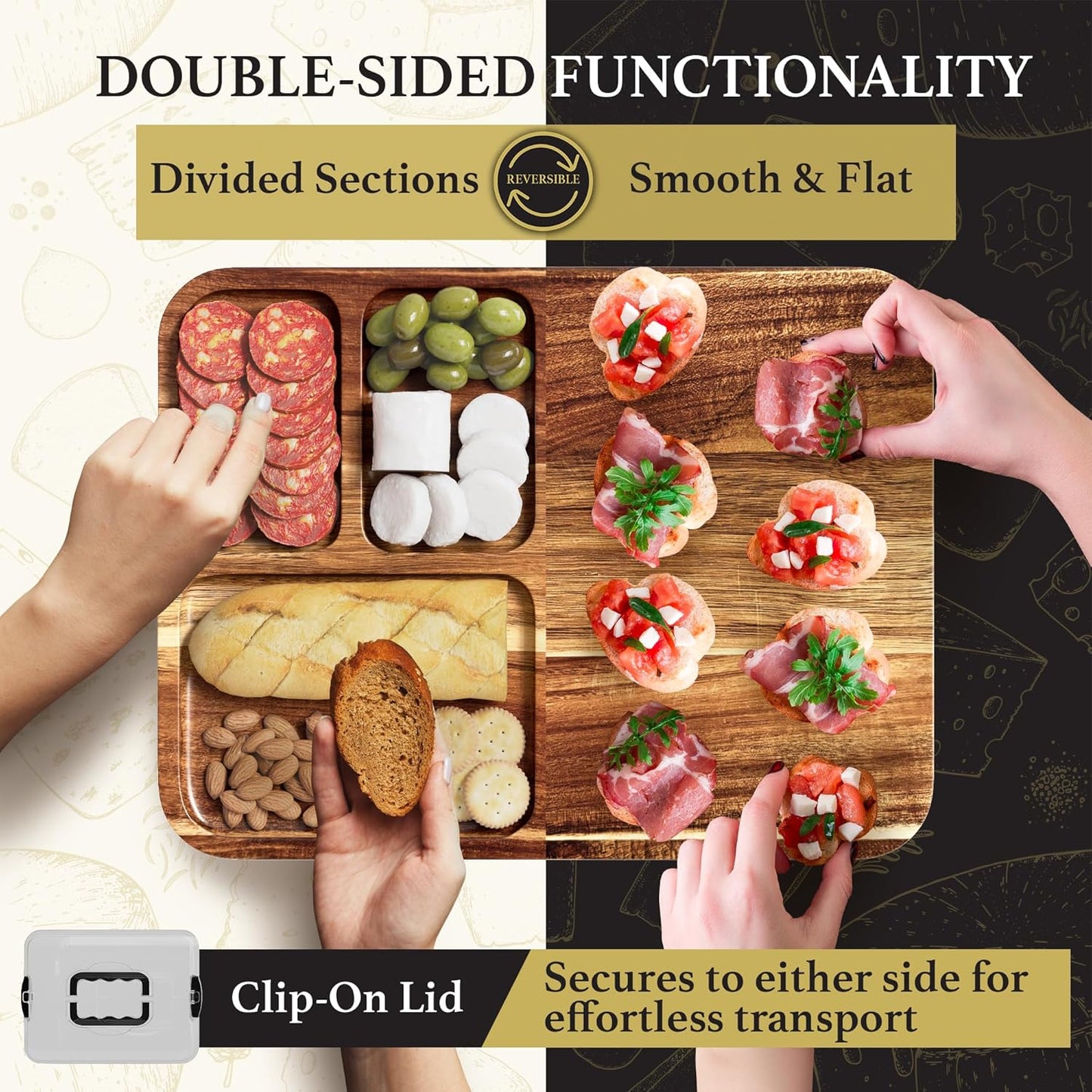 Charcuterie Board with Lid - Reversible, 2-in-1 Travel Portable Cheese Board for Picnics & Entertaining - Housewarming Gift Set Idea - Covered Snack Serving Tray - Large Food Platter