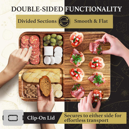 Charcuterie Board with Lid - Reversible, 2-in-1 Travel Portable Cheese Board for Picnics & Entertaining - Housewarming Gift Set Idea - Covered Snack Serving Tray - Large Food Platter