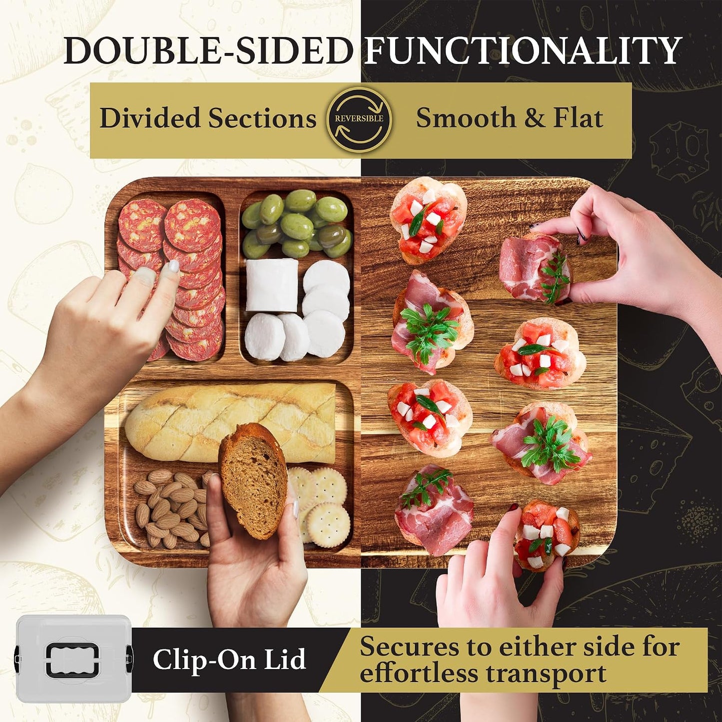 Charcuterie Board with Lid - Reversible, 2-in-1 Travel Portable Cheese Board for Picnics & Entertaining - Housewarming Gift Set Idea - Covered Snack Serving Tray - Large Food Platter