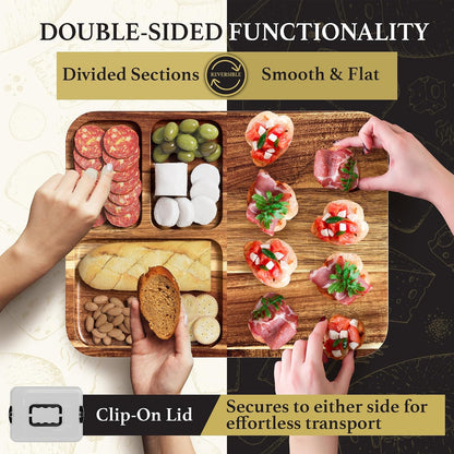Charcuterie Board with Lid - Reversible, 2-in-1 Travel Portable Cheese Board for Picnics & Entertaining - Housewarming Gift Set Idea - Covered Snack Serving Tray - Large Food Platter