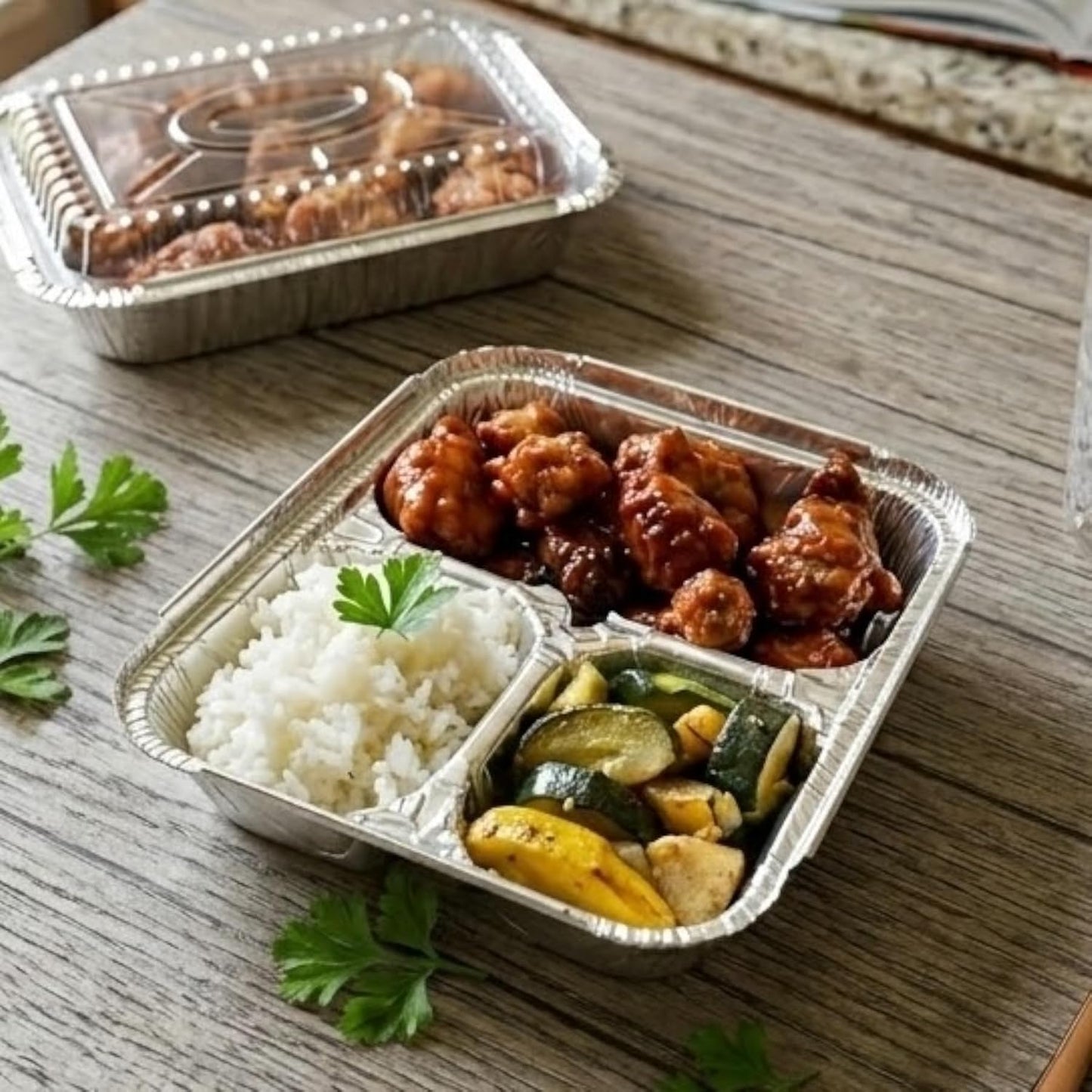 The Baker Celebrations 3 Compartment Aluminum Foil Trays with Lids [30] Pack - 20 oz Disposable Divided Meal Prep Containers - To Go TV Dinner Plates for Takeout & Freezer - Made in USA (8.5" x 6.5")