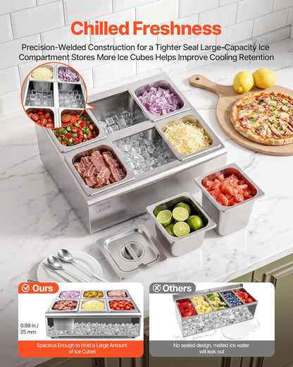 VEVOR Chilled Condiment Server Caddy, 5 Compartment Ice Cooled Serving Container, Plastic Fruit Garnish Tray Platter with Lid, for Taco Salad Bar Accessories, Party Home Restaurant Supplies