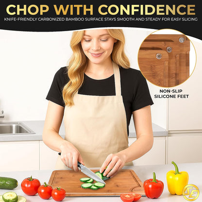 SliceElite Extra Large Bamboo Cutting Board Set 3 Piece End Grain Wooden Chopping Boards with Holder Non Slip Feet Juice Groove XL Butcher Block Style Boards for Kitchen Carving and Serving