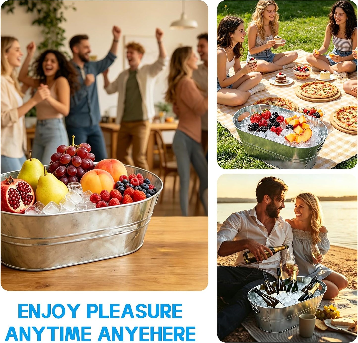 4 Pack 3 Gallon Galvanized Tub, Beverage Tub, Ice Buckets for Parties, Drink Buckets for Parties, Beverage Tubs for Parties, Metal Ice Tub with Handle for Beer Wine Cooling, Mimosa Bar Supplie