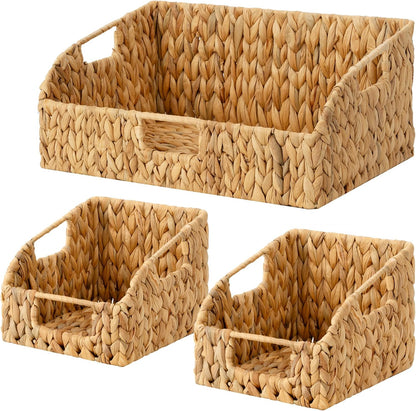 StorageWorks Water Hyacinth Pantry Storage Baskets, Wicker Baskets with Built-in Handles, Handwoven Shelf Baskets for Organizing, Pantry Organizers and Storage, 3 Pack