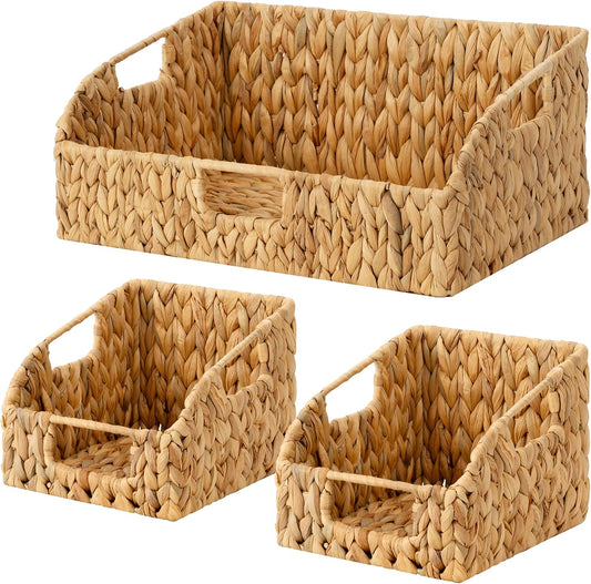 StorageWorks Water Hyacinth Pantry Storage Baskets, Wicker Baskets with Built-in Handles, Handwoven Shelf Baskets for Organizing, Pantry Organizers and Storage, 3 Pack
