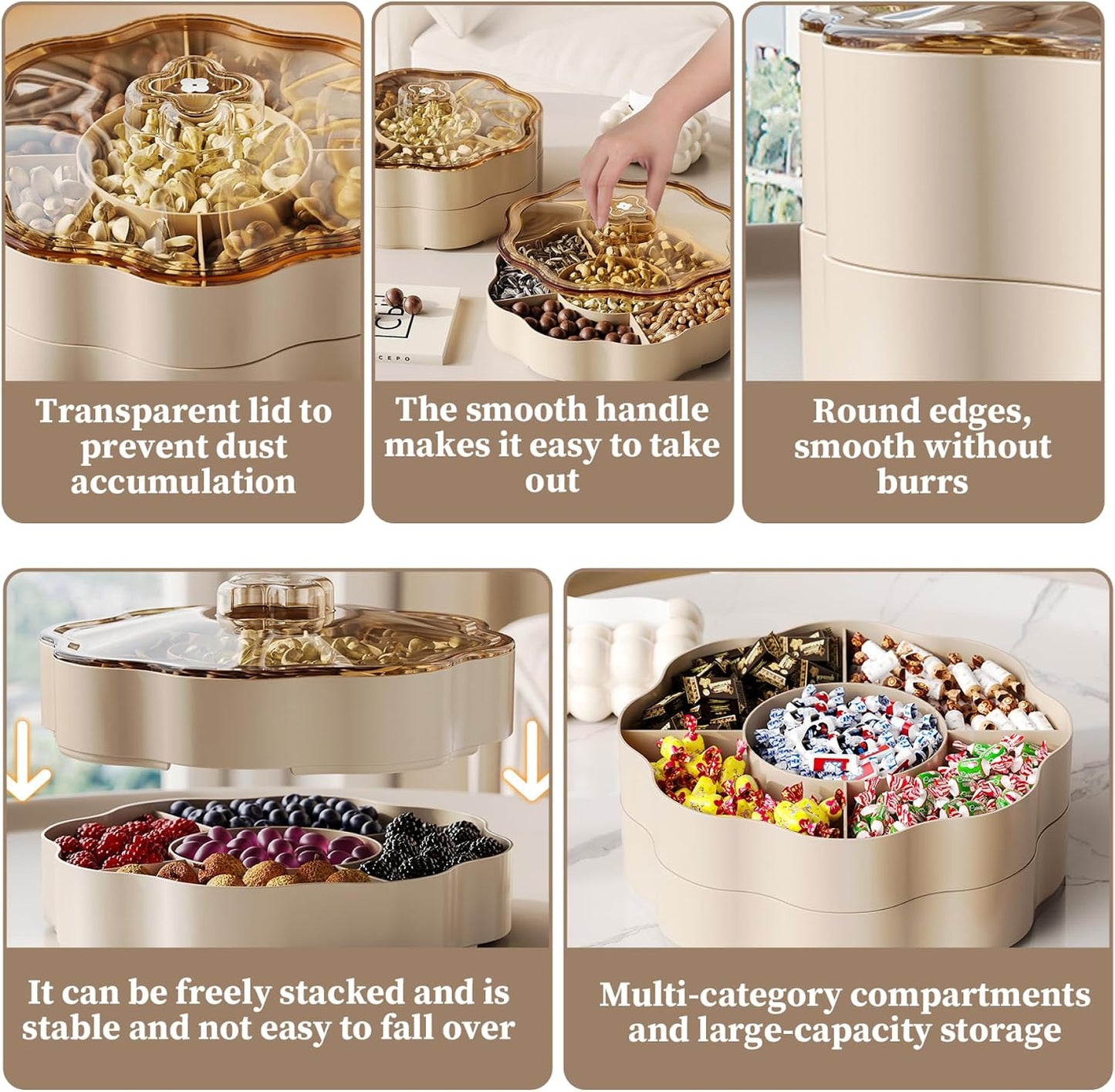 Dry Fruit Tray 5 Compartments Relish Tray with Lid Round Plastic Serving Dishes for Nut, Snack, Fruit, Candies, Cookie Home, Office 9.5x9.5x3.4 inch