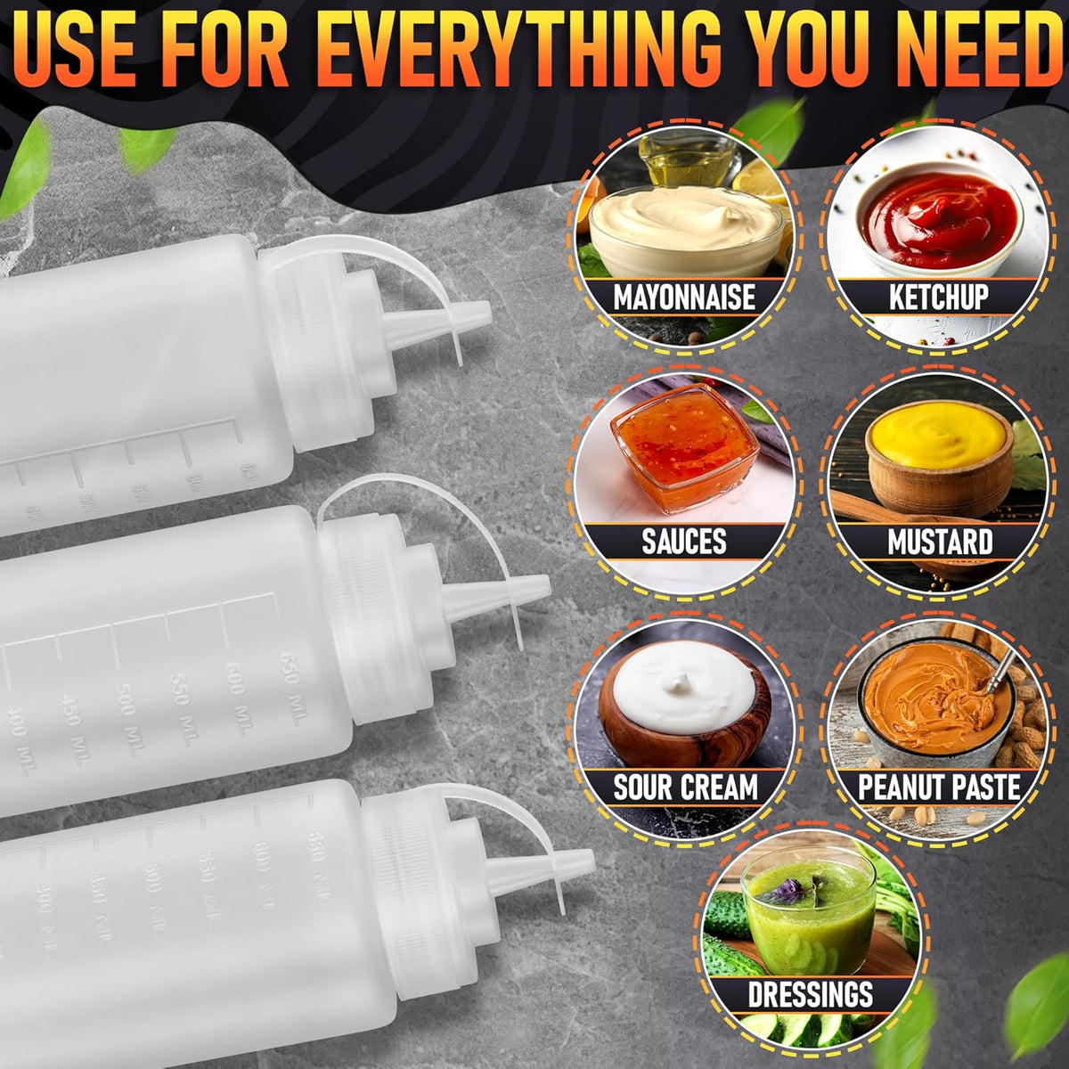 BURIUS Inverted Condiment Squeeze Bottles 16 oz for Sauces, Honey
