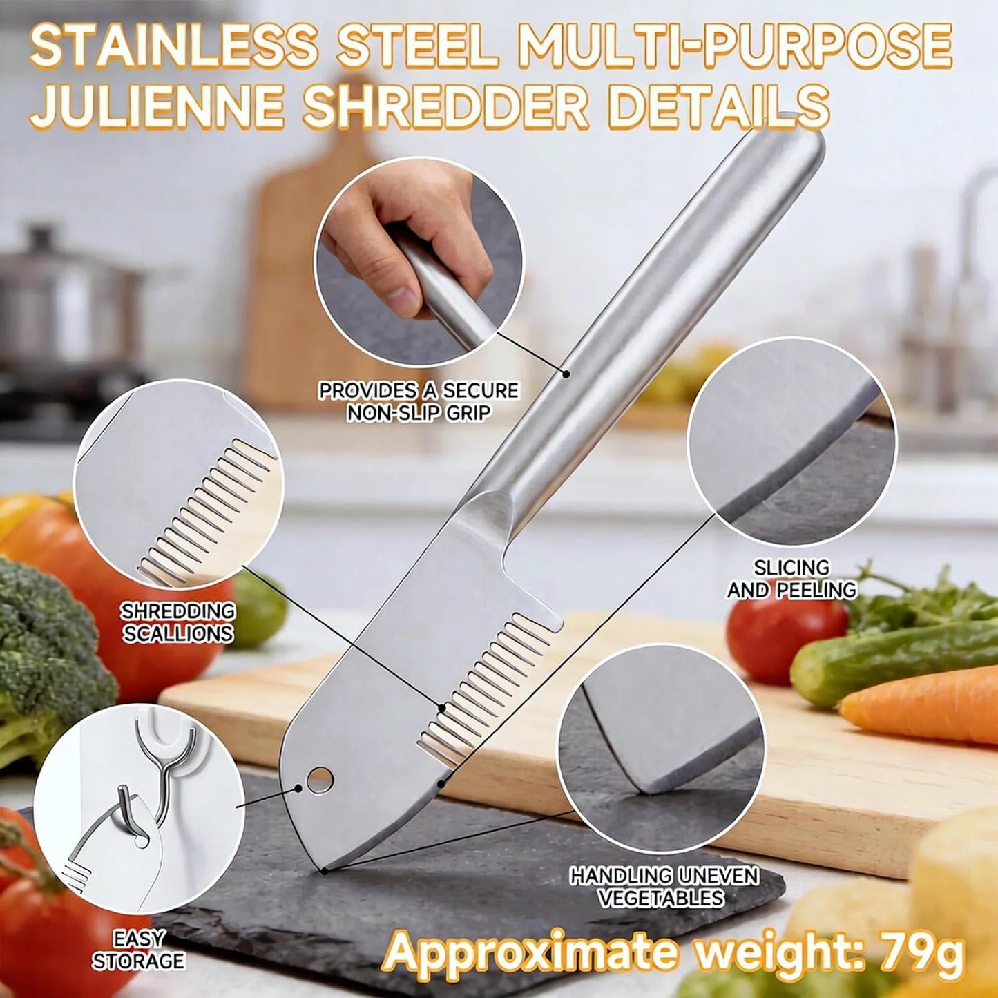 Stainless Steel Multi-Purpose Julienne Knife, 2-in-1 Green Onion Cutter&Vegetable Slicer, Precision Julienne Blade for Scallion Shredder, Ergonomic Kitchen Shredder Tool with Hanging Hole (2)