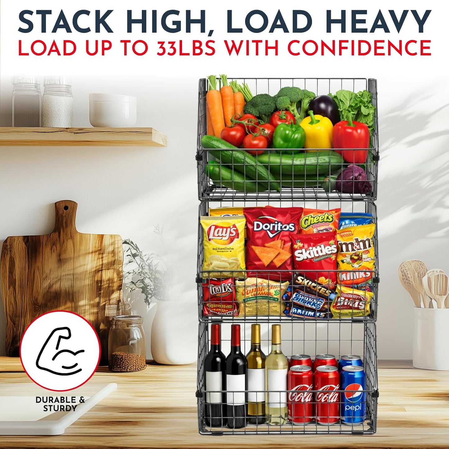 3x Stackable Hanging and Counter Baskets, Hanging Fruit Baskets for Kitchen