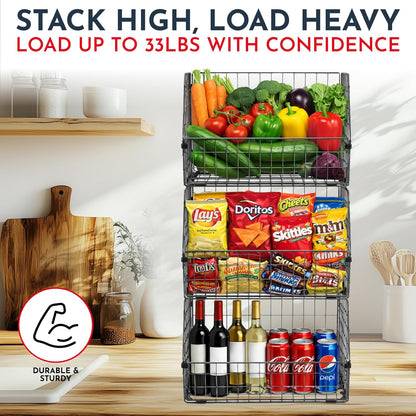 3x Stackable Hanging and Counter Baskets, Hanging Fruit Baskets for Kitchen