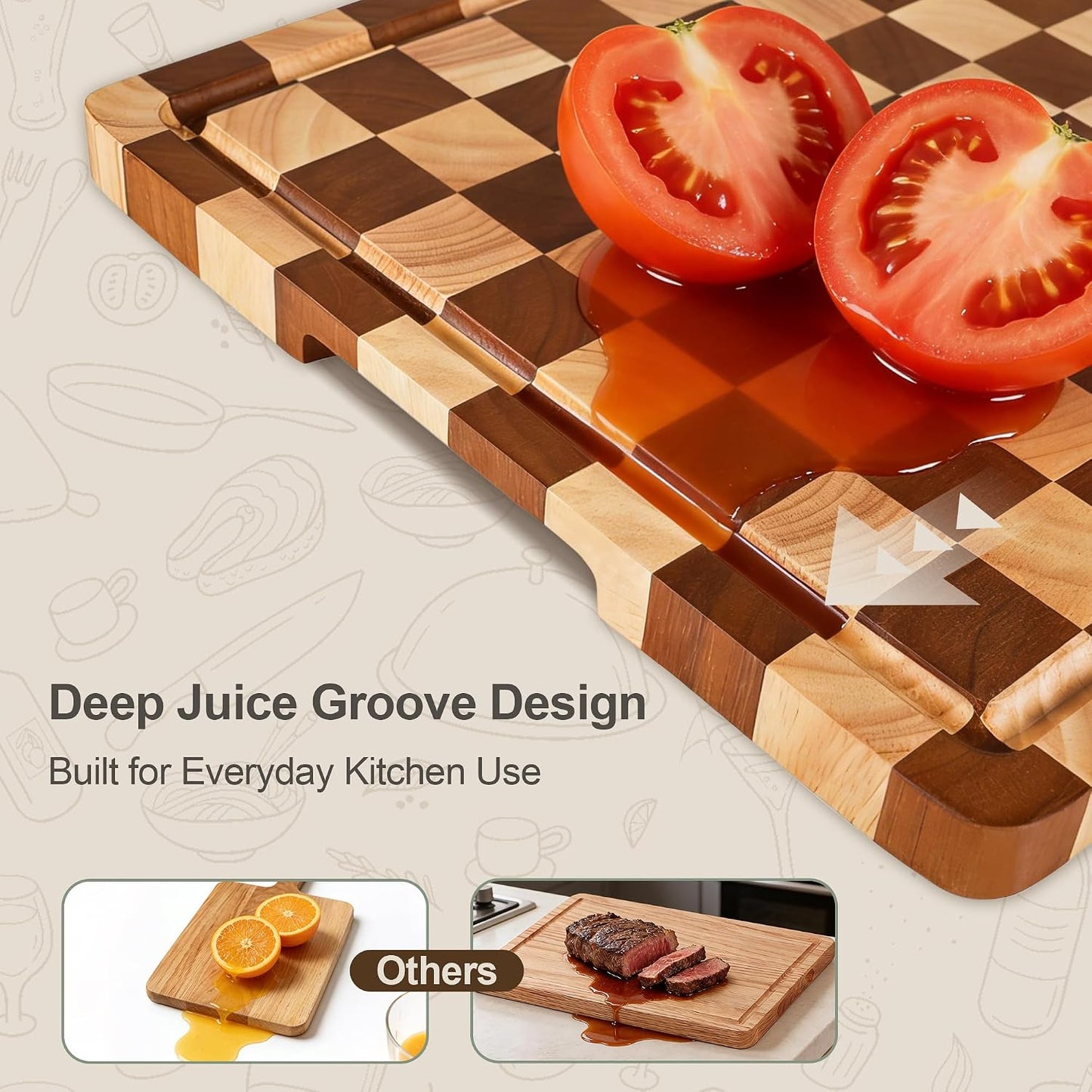 Cutting Board Set of 2 – Checkered Wood & Acrylic Cutting Board with Counter Lip for Kitchen Counter, Wood Checkerboard Chopping Board with Juice Grooves for Vegetables, Fruits, Meat