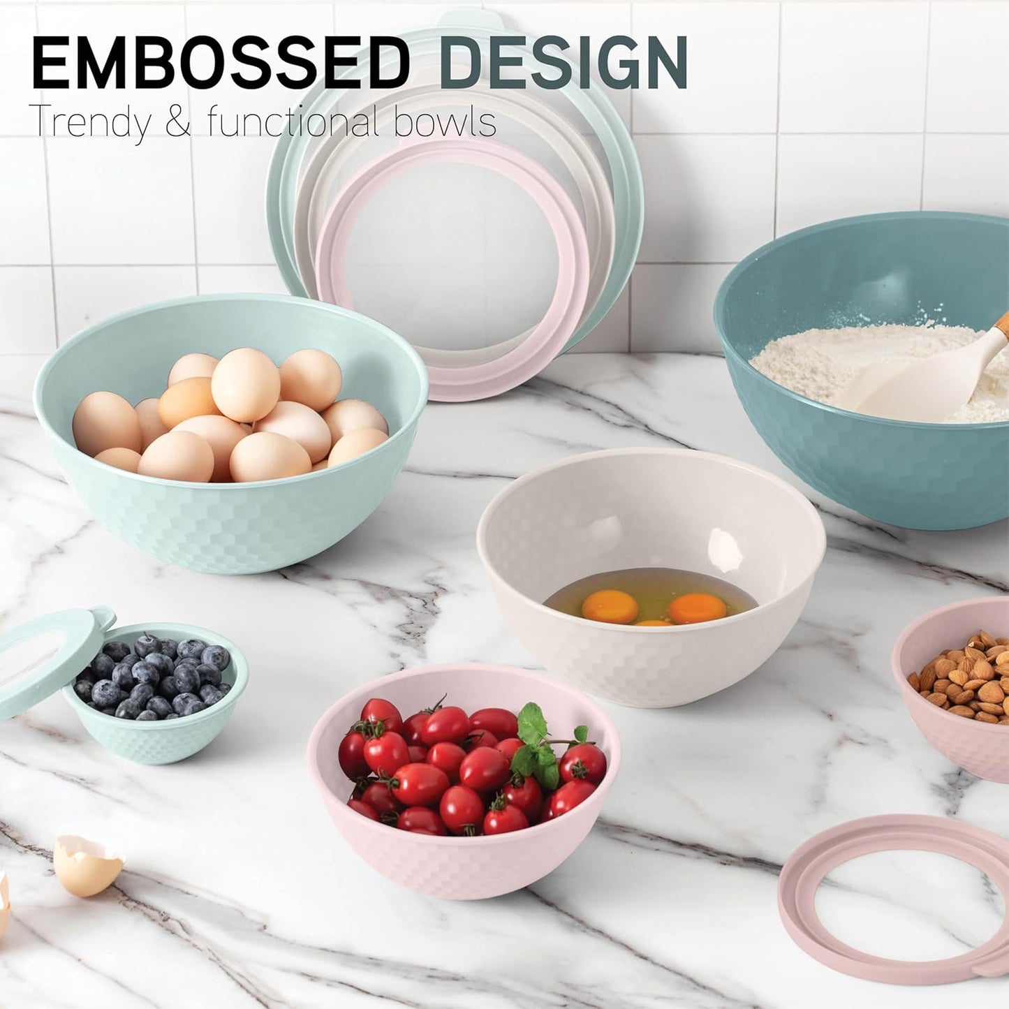 COOK WITH COLOR Mixing Bowls with Lids - 12 Piece Plastic Nesting Bowls Set includes 6 Prep Bowls and 6 Lids, Microwave Safe Mixing Bowl Set, Pink Embossed - Colors A