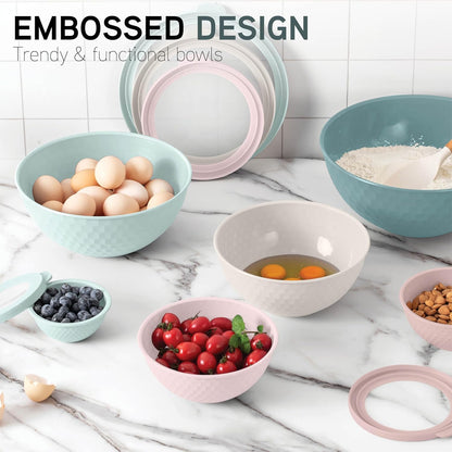 COOK WITH COLOR Mixing Bowls with Lids - 12 Piece Plastic Nesting Bowls Set includes 6 Prep Bowls and 6 Lids, Microwave Safe Mixing Bowl Set, Pink Embossed - Colors A