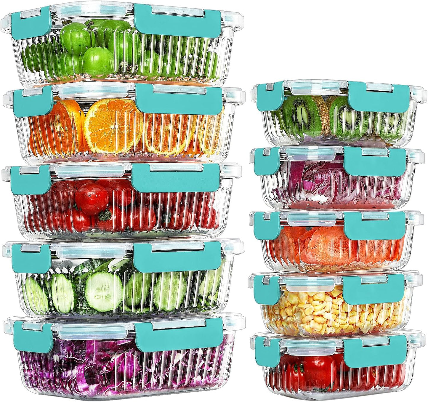 KOMUEE 10 Pack Glass Food Storage Containers, Meal Prep Containers with Lids, Airtight Glass Lunch Boxes, Freezer, Oven, and Microwave Safe, Pink