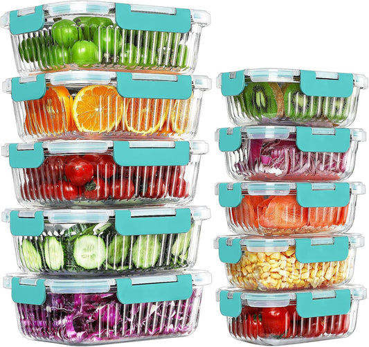 KOMUEE 10 Pack Glass Food Storage Containers, Meal Prep Containers with Lids, Airtight Glass Lunch Boxes, Freezer, Oven, and Microwave Safe, Pink