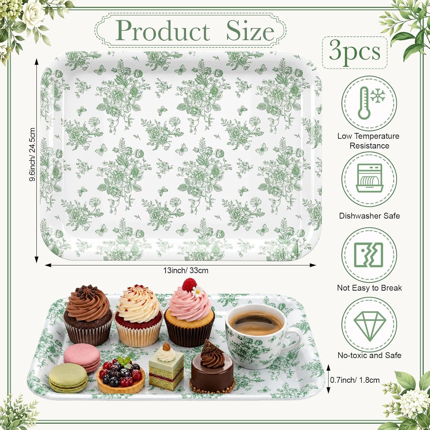 Vesici 3 Pcs Cherry Bow Serving Trays 13 x 10 Inch Pink Bow Cherry Melamine Platters Reusable Rectangular Serving Dishes for Coquette Wedding Baby Shower Birthday Party Sharing Snack Fruit Dessert