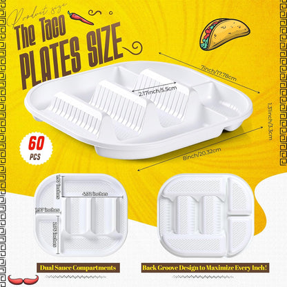 Baderke 40 Pack Disposable Plastic Taco Plates, Fiesta Tacos Holder Tray PP Taco Holder Plates with 2 Dividers for Soft & Hard Shells for Tacos Tuesday Bar, Parties, Picnics (Black)