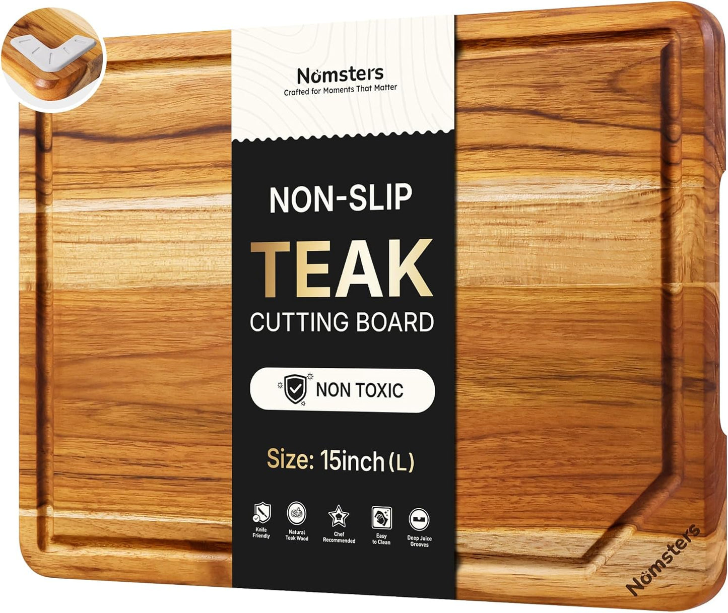 3 Pack Teak Wood Cutting Board Set with Holder Non Slip Over Sink Wooden Chopping Board for Fresh Meat Vegetable Thick Haus Perfect for Charcuterie Juice Groove Kitchen Accessories - FSC Certified