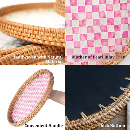 Round Rattan Tray with Mother of Pearl Inlay, Rattan Serving Tray for Coffee, Bread, Fruits, Decorative Wicker Tray for Table Decor, Home Decor, Kitchen Island Decor(Black Checkerboard, 11.8")