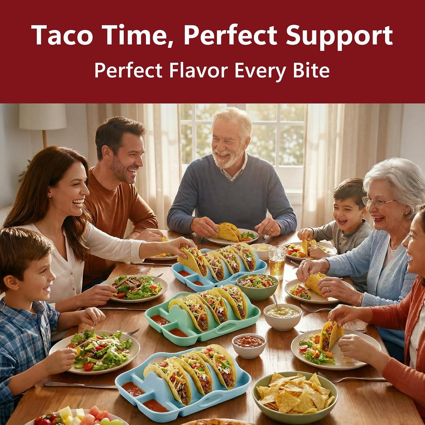 Li&Zhao Silicone Taco Holders Set of 2 - Reusable Taco Plates with Sauce Compartments, Microwave Safe, for Kitchen, Party, Fiesta,Soft Shell Tacos, Serving Taco Tray with Handle