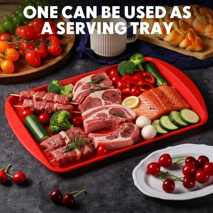 DoubleFill Set of 4 Grilling Prep and Serve Trays, 17x12 Inch 14x10 Inch Large BBQ Platter for Raw and Cooked Food Plastic Grill Tray, Black and Red Stackable Defrosting Grill Prep and Carry System