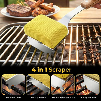 Grill Brush for Outdoor Grill Bristle Free, BBQ Grill Brush with Scraper & 2 Replaceable Heads, Safe Grill Steam Cleaner 17'' Long Handle Grilling Accessories for Cast Iron & Stainless Steel Grates