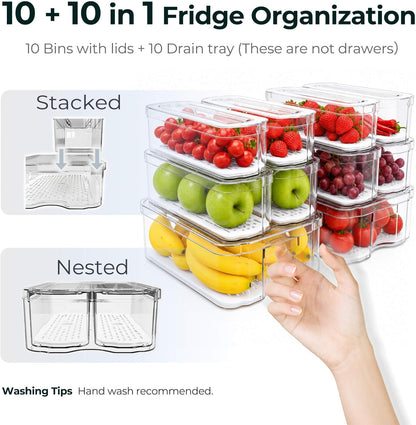 SMRCAD Refrigerator Organizers and Storage, 6 Pack with 1 Pull-Out Drawer and 5 Lidded Bins, Fruit Storage Containers for Fridge with Drain Trays, Helps Keep Produce Fresh