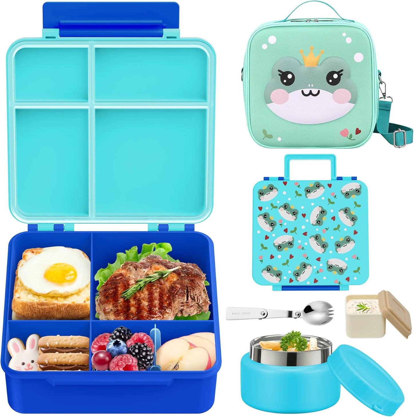 Kids Bento Lunch Box with Thermo, Include 9oz Soup Thermo, Kids Leakproof Lunch Box with 4 Compartment, Insulated Lunch Bag for Girls Boys to School Travel