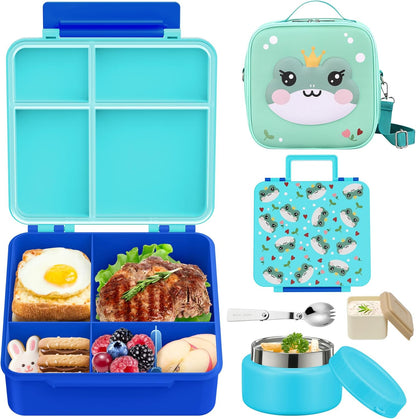 Kids Bento Lunch Box with Thermo, Include 9oz Soup Thermo, Kids Leakproof Lunch Box with 4 Compartment, Insulated Lunch Bag for Girls Boys to School Travel