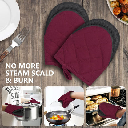 1 Pair Short Oven Mitts - Silicone Kitchen Oven Gloves High Heat Resistant 500℉, Mini Oven Mits with Non-Slip Grip Surfaces and Hanging Loop for BBQ, Baking, Cooking and Grilling (Black)