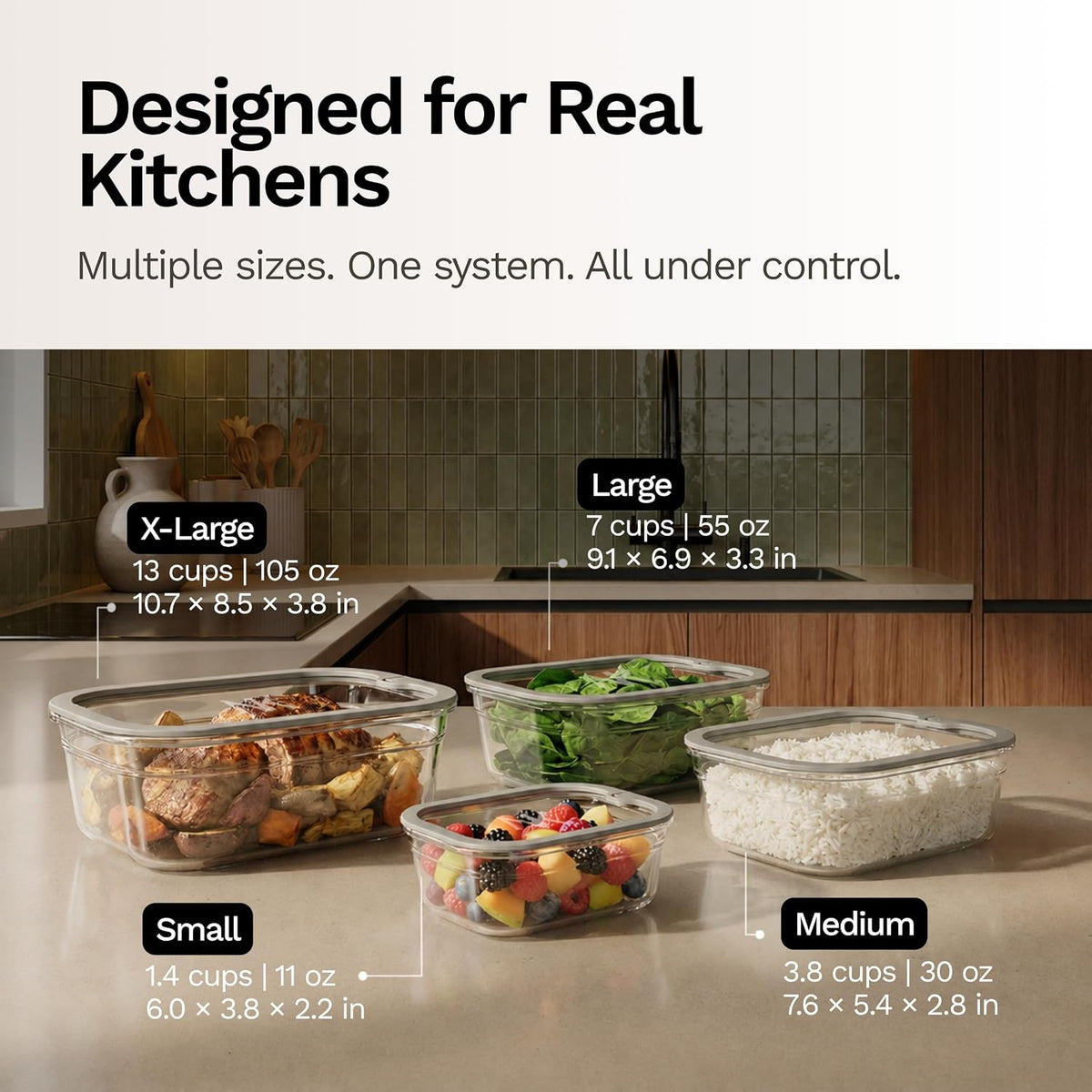 Naked Kitchen 8-Piece Food Storage Containers with Lids – Nesting Borosilicate Glass Meal Prep Containers with Leak-Proof Airtight Seal – BPA Free, Microwave, Oven, Freezer & Dishwasher Safe – Green
