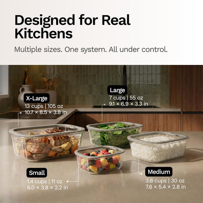 Naked Kitchen 8-Piece Food Storage Containers with Lids – Nesting Borosilicate Glass Meal Prep Containers with Leak-Proof Airtight Seal – BPA Free, Microwave, Oven, Freezer & Dishwasher Safe – Green