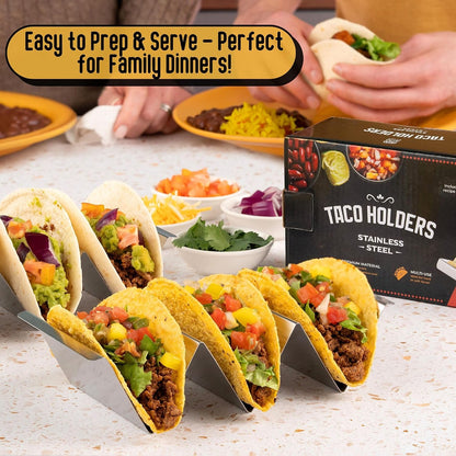 NEW - Taco Holders Set of 4 | Stainless Steel Taco Holders, Oven & Grill Safe Taco Stands, Holds 2-3 Tacos Each, Dishwasher-Safe Taco Holder with Easy-Lift Handles, Stackable for Easy Storage