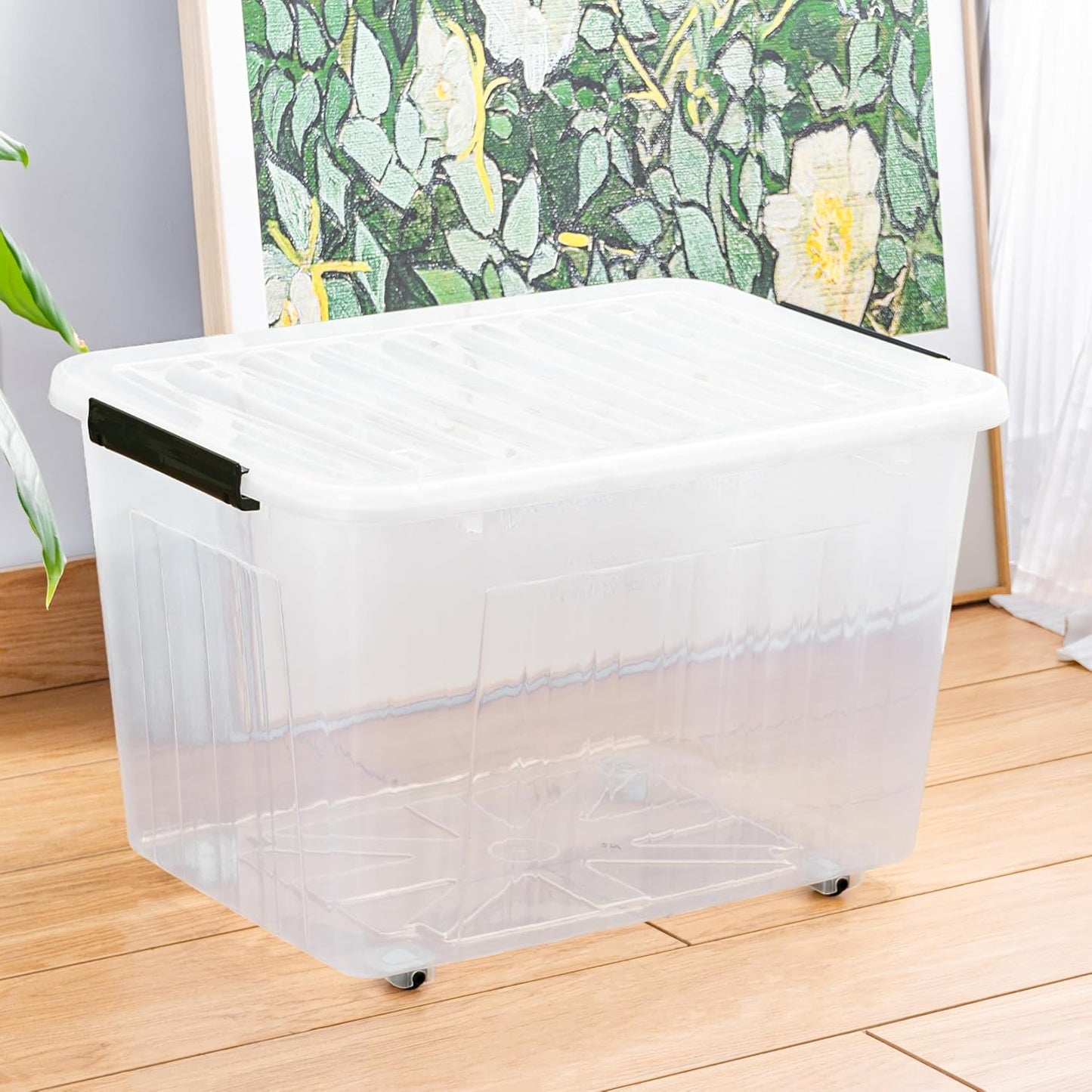 Cetomo 60Qt*6 Plastic Storage Bins, Storage Box, 6 Pack, Organizing Container with Wheels, Durable Lids and Secure Latching Buckles, Stackable and Nestable, Clear with Black Buckle