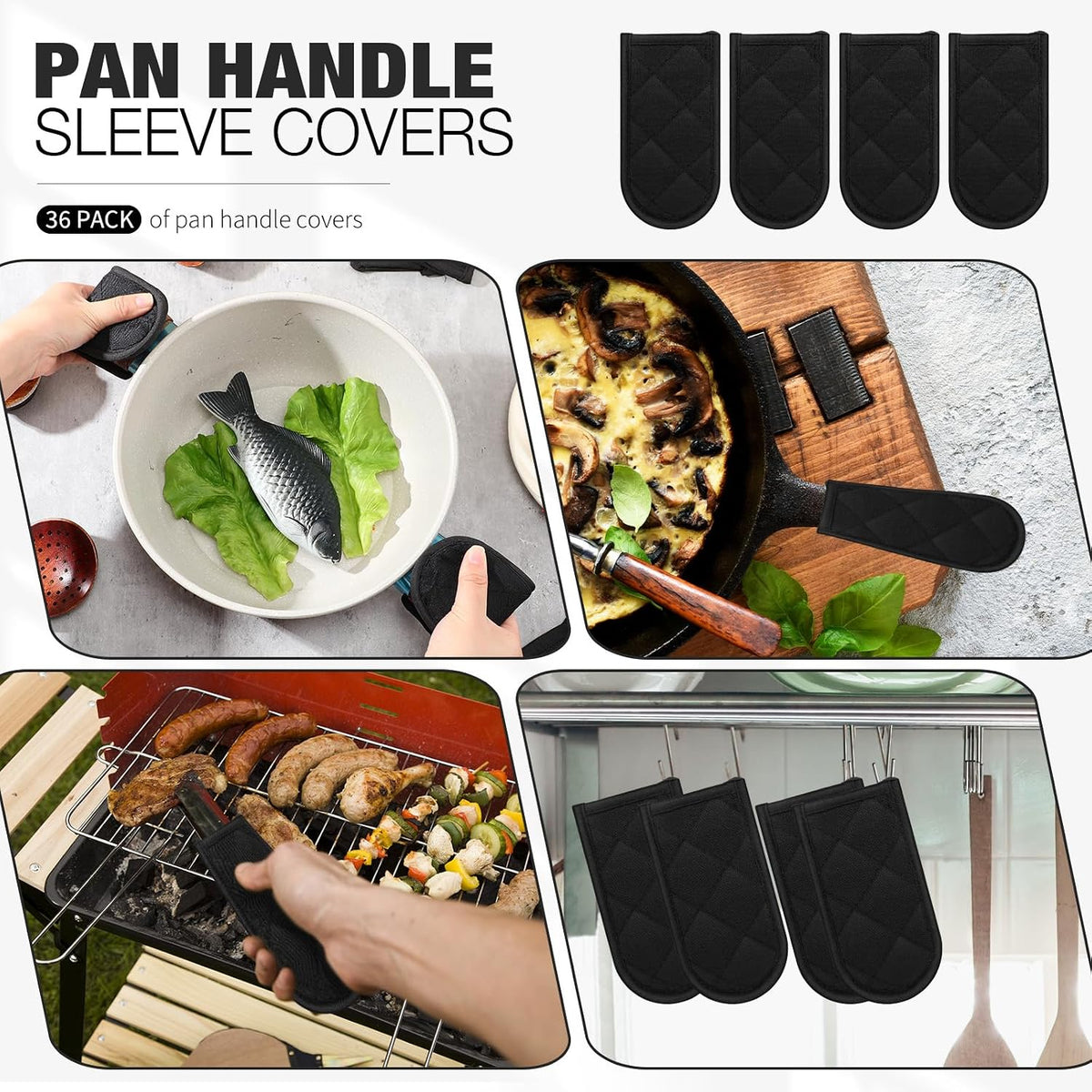 Dandat 24 Set Hot Handle Covers for Daily Replace Use Gift Pan Handle Sleeve Covers Heat Resistant Cast Iron Holder Sleeve Washable Handgrip Mitts for Christmas Kitchen Gifts Craft (Black)