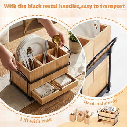 Qunclay Wooden Silverware Caddy with Drawer, Paper Plate Organizer Holder Dispenser for Party, Utensil Cutlery and Flatware Holder with 4 Compartments for Forks, Spoons, Napkins, Kitchen Countertop